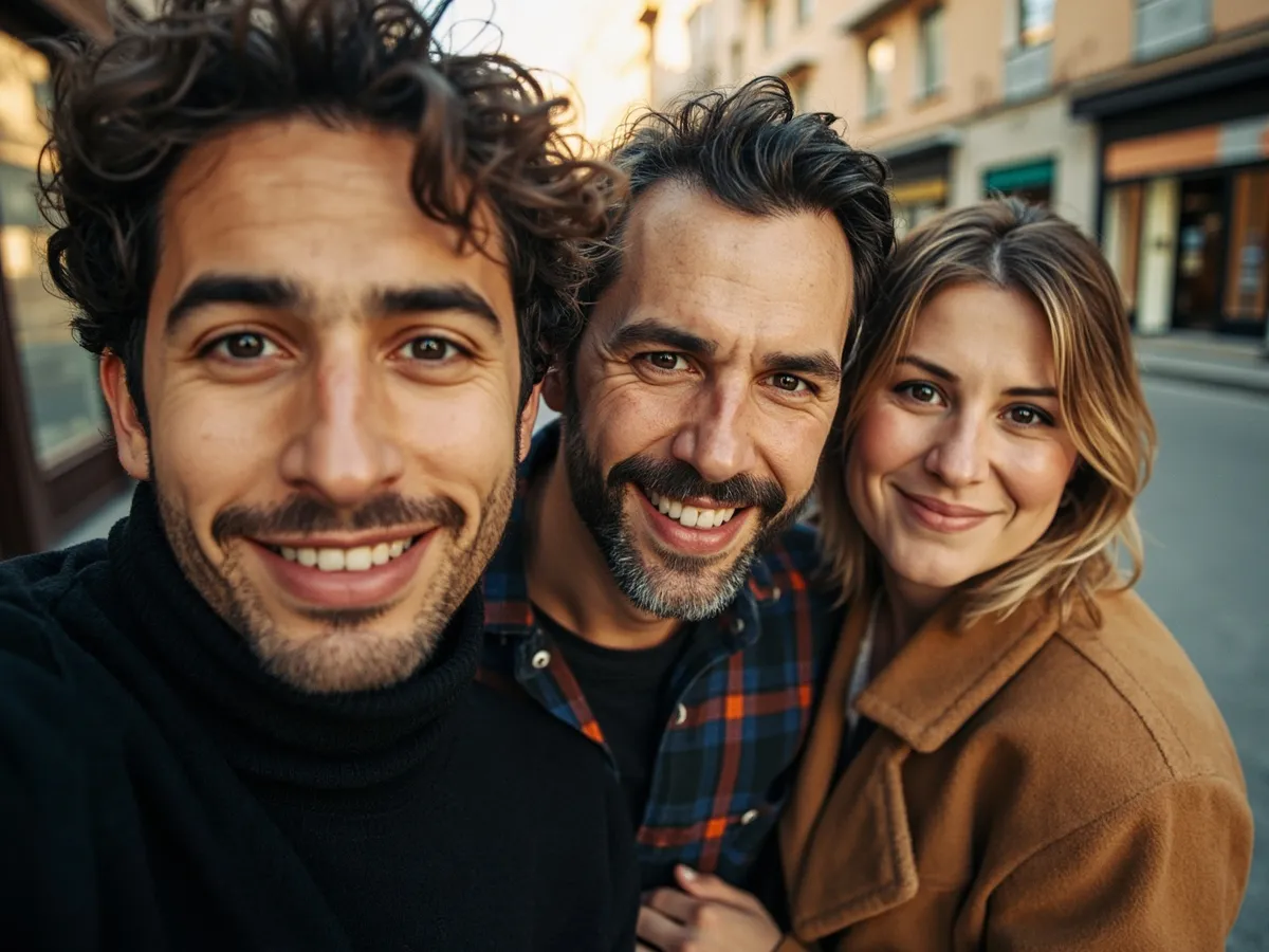 Computer-generated image: three friends laughing together in a group photo on a quest day out