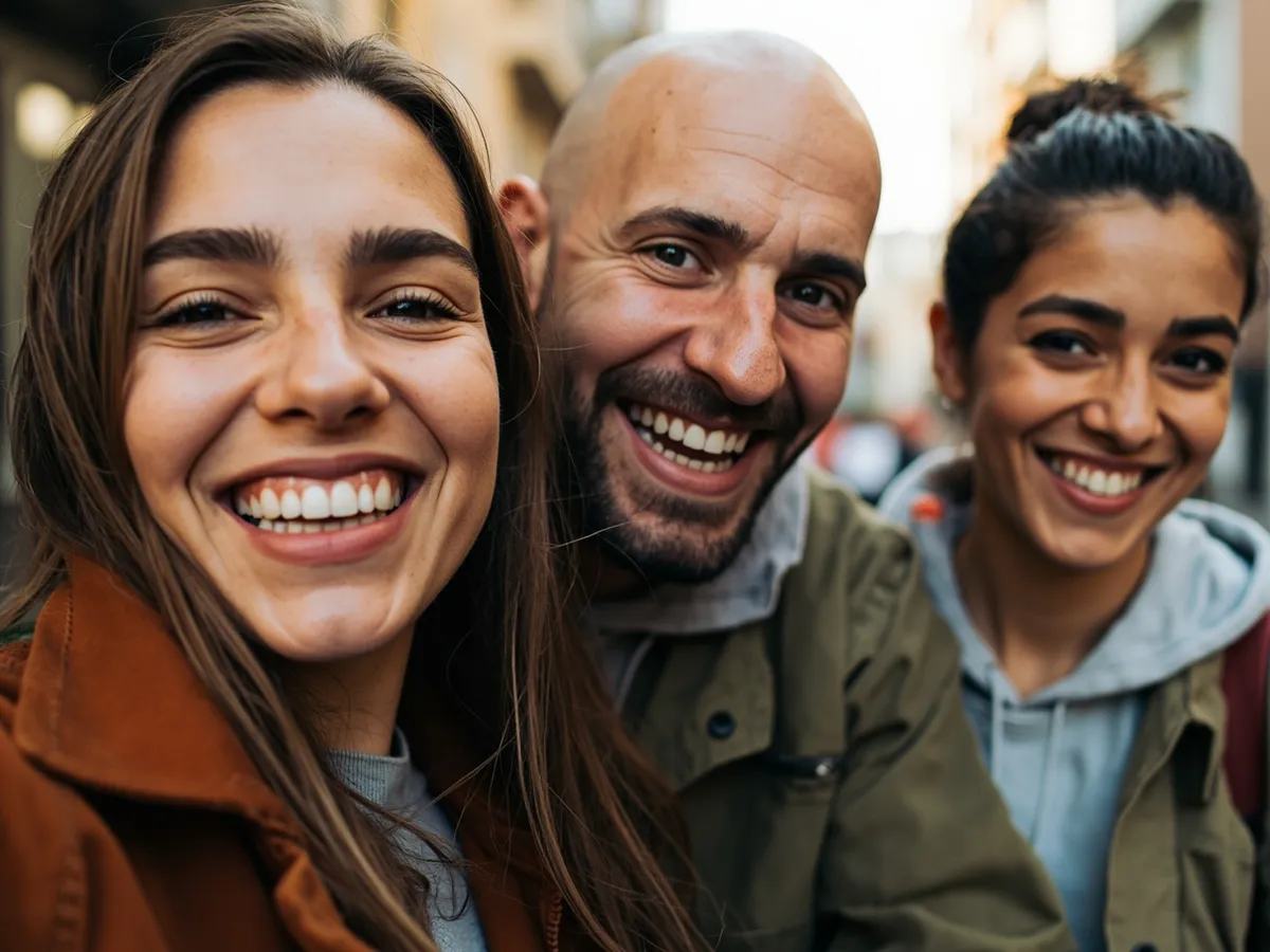 Computer-generated image: three friends laughing together in a group photo on a quest day out