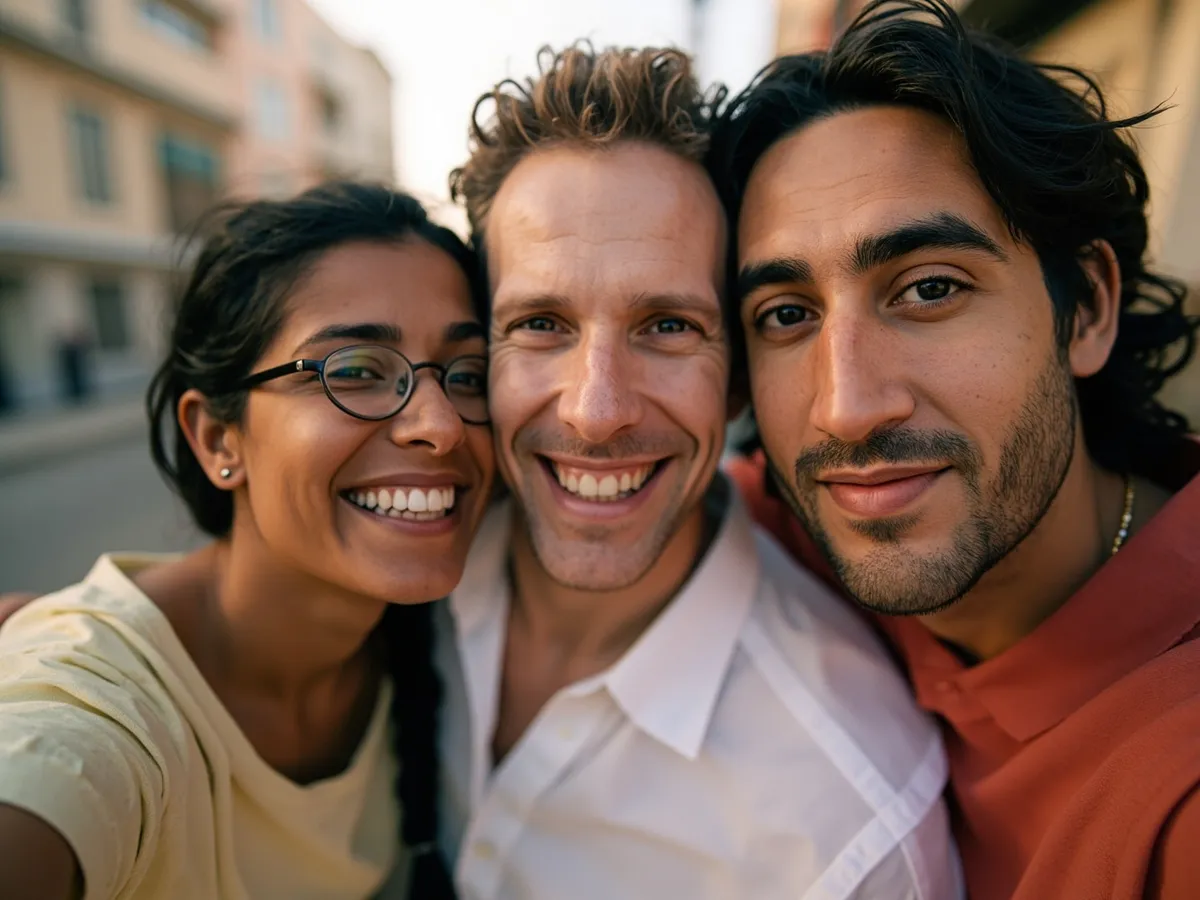 Computer-generated image: three friends laughing together in a group photo on a quest day out