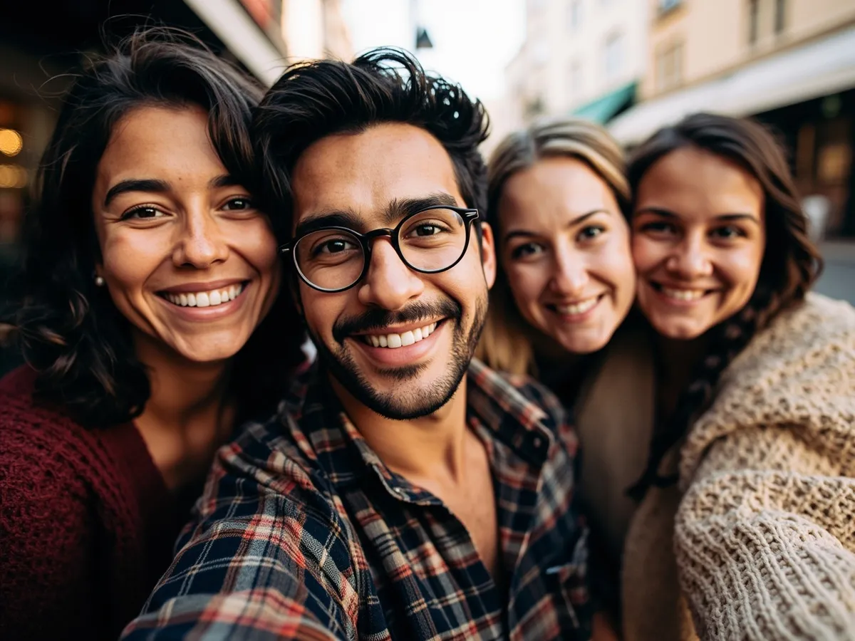 Computer-generated image: four friends laughing together in a group photo on a quest day out