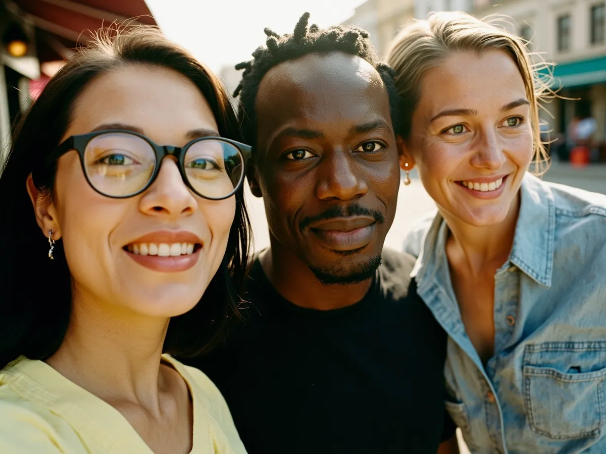 Computer-generated image: three friends laughing together in a group photo on a quest day out