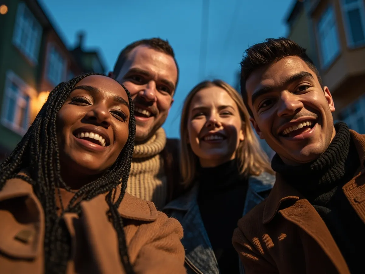 Computer-generated image: four friends laughing together in a group photo on a quest day out