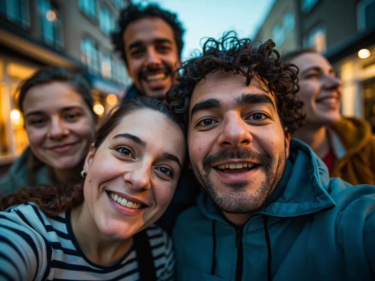 Computer-generated image: four friends laughing together in a group photo on a quest day out