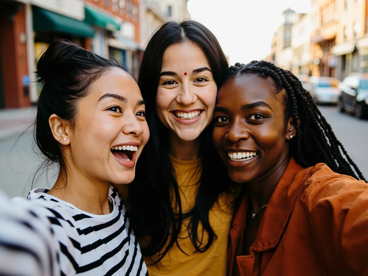 Computer-generated image: three friends laughing together in a group photo on a quest day out