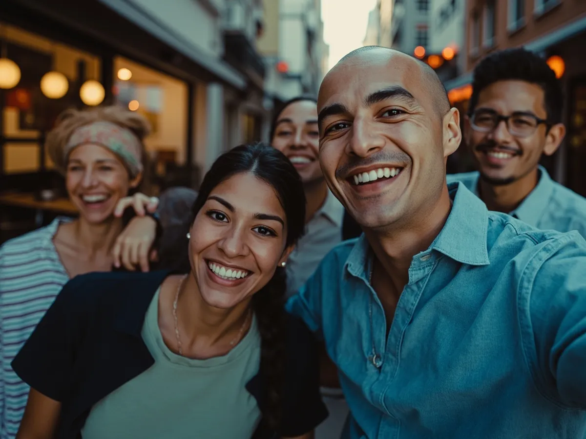 Computer-generated image: four friends laughing together in a group photo on a quest day out