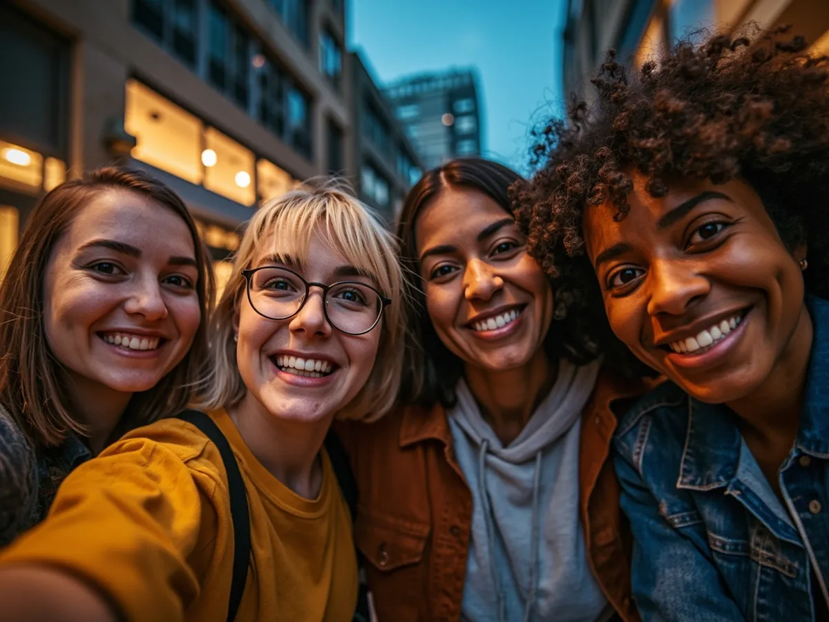 Computer-generated image: four friends laughing together in a group photo on a quest day out