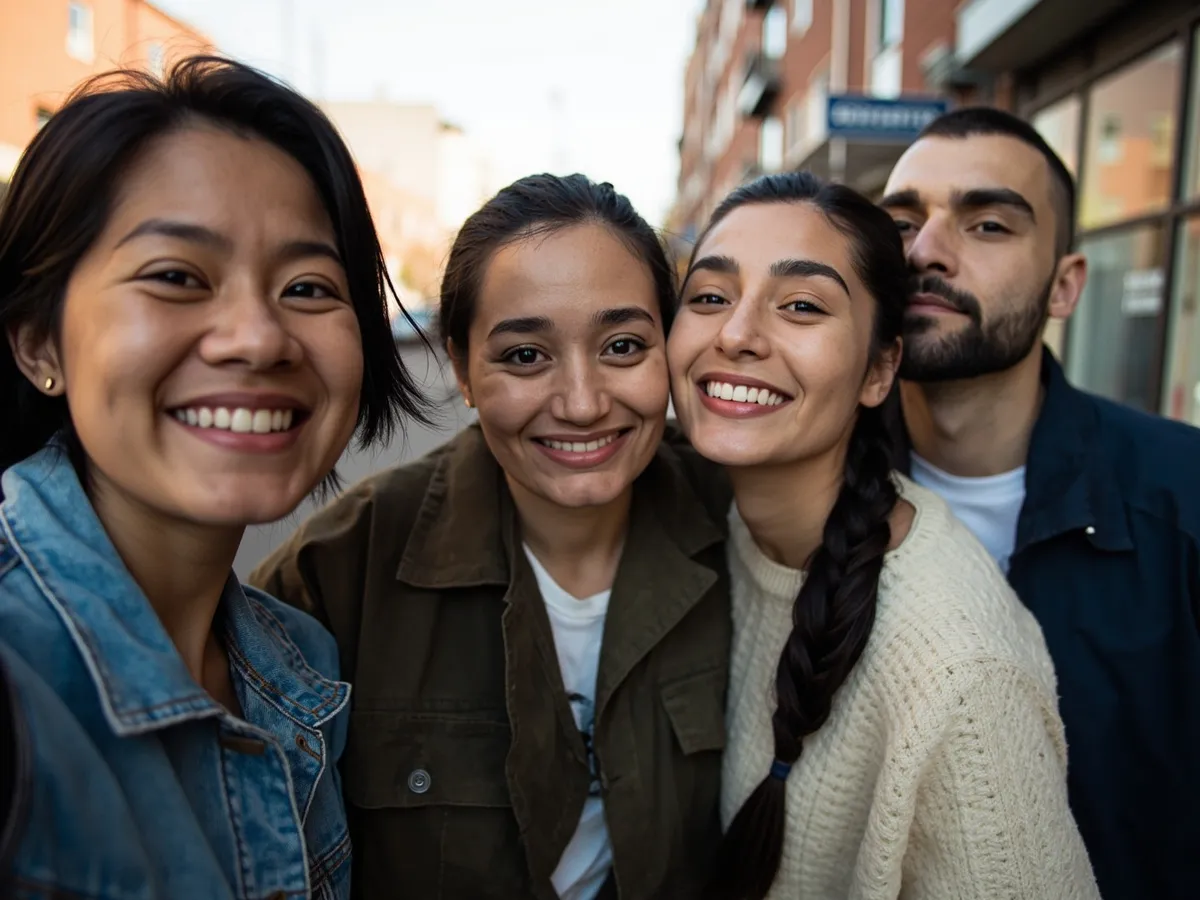 Computer-generated image: four friends laughing together in a group photo on a quest day out