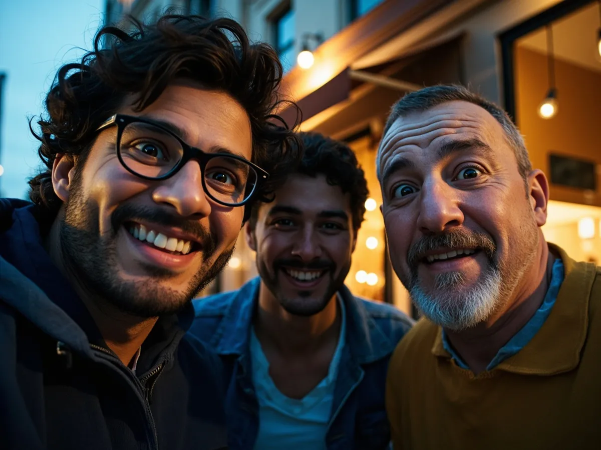 Computer-generated image: three friends laughing together in a group photo on a quest day out