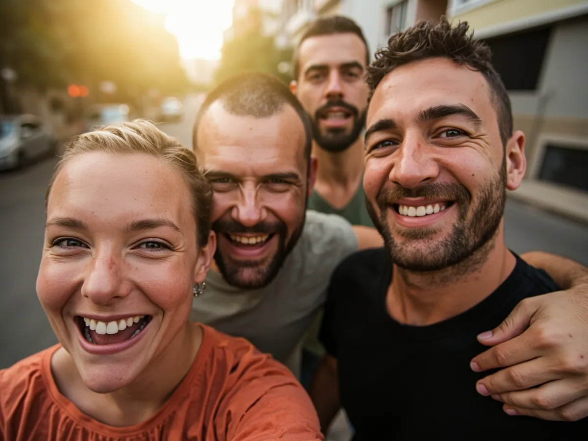 Computer-generated image: four friends laughing together in a group photo on a quest day out