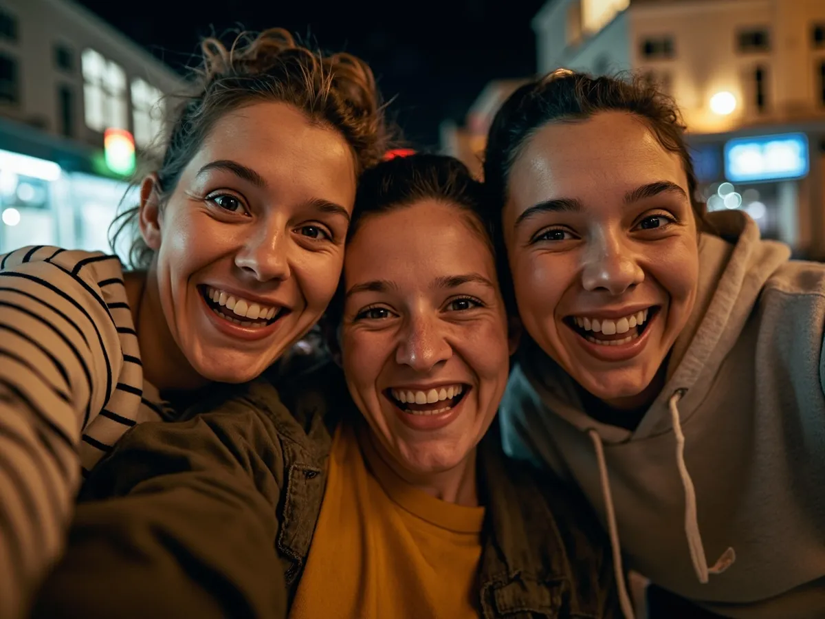 Computer-generated image: four friends laughing together in a group photo on a quest day out