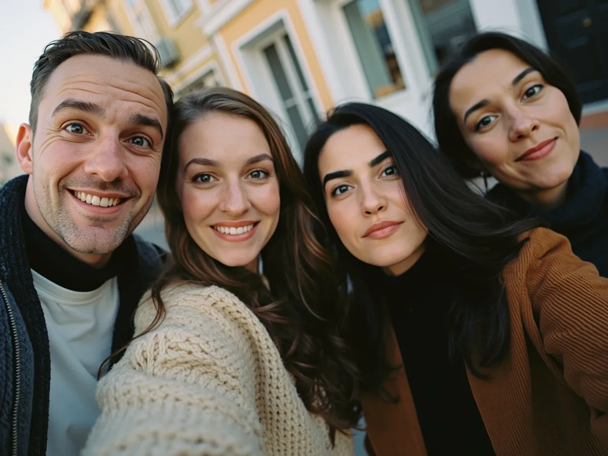 Computer-generated image: four friends laughing together in a group photo on a quest day out