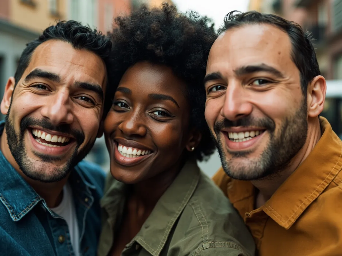 Computer-generated image: three friends laughing together in a group photo on a quest day out