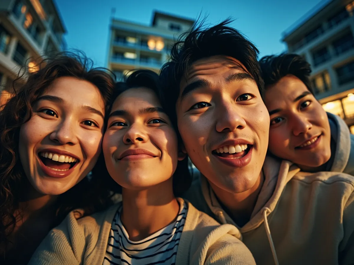 Computer-generated image: four friends laughing together in a group photo on a quest day out