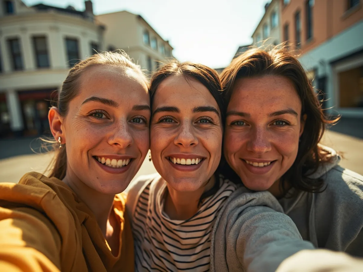 AI-generated illustration: three friends laughing together in a group photo on a quest day out
