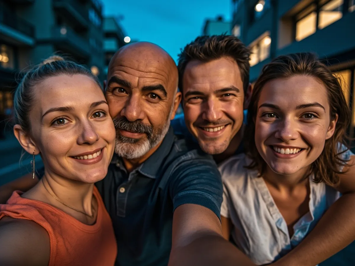 AI-generated illustration: four friends laughing together in a group photo on a quest day out