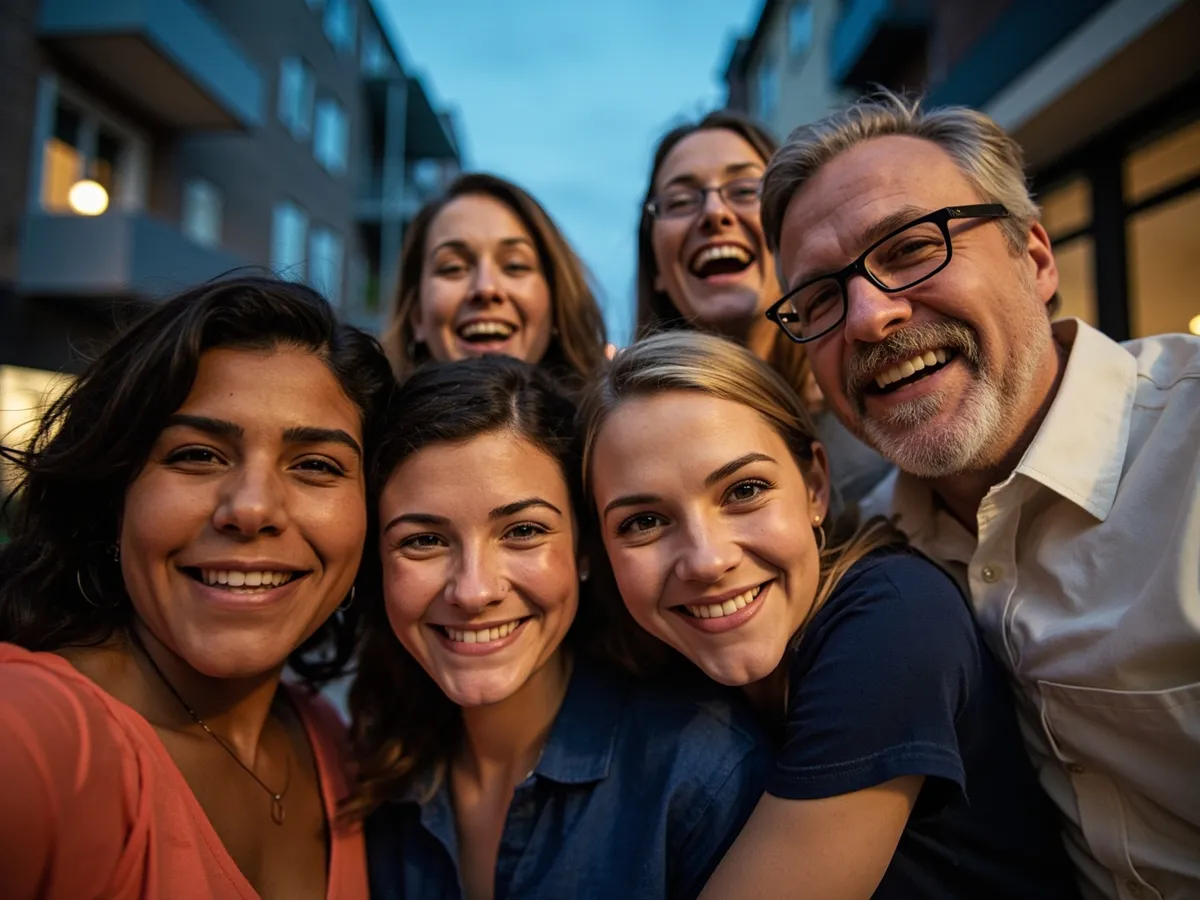 Computer-generated image: four friends laughing together in a group photo on a quest day out
