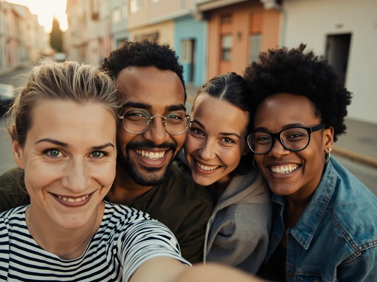 Computer-generated image: four friends laughing together in a group photo on a quest day out