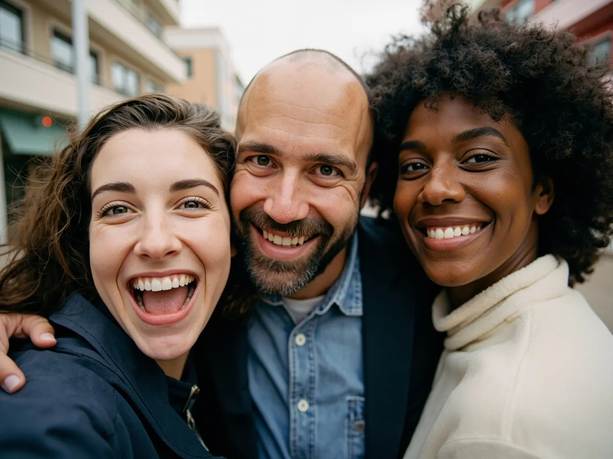 Computer-generated image: three friends laughing together in a group photo on a quest day out