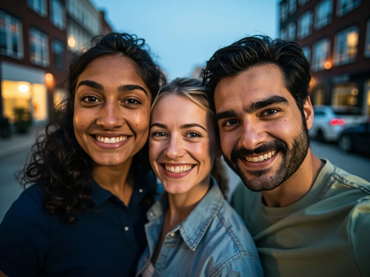 Computer-generated image: three friends laughing together in a group photo on a quest day out