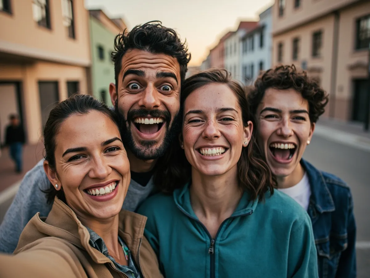 Computer-generated image: four friends laughing together in a group photo on a quest day out
