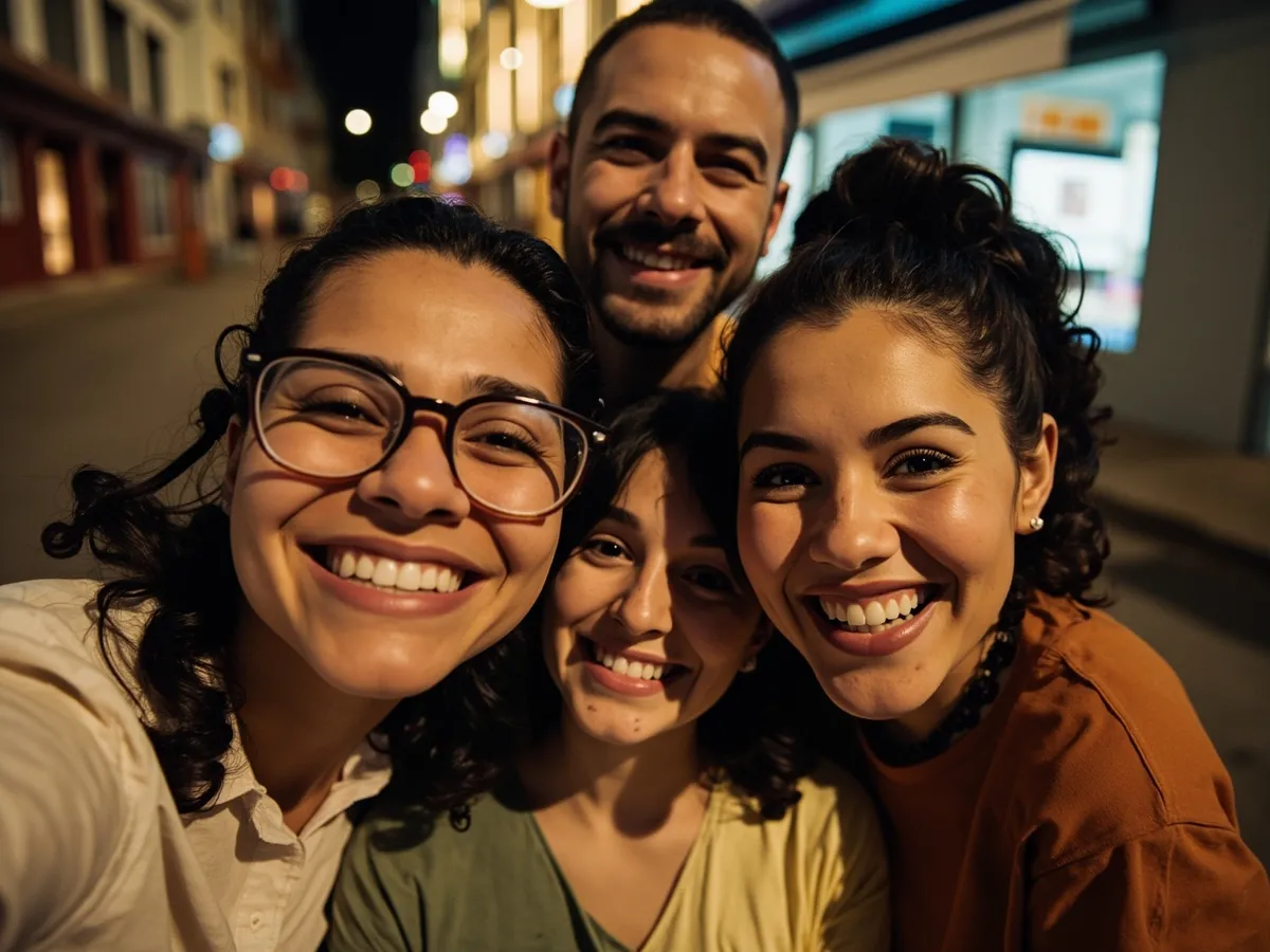 Computer-generated image: four friends laughing together in a group photo on a quest day out