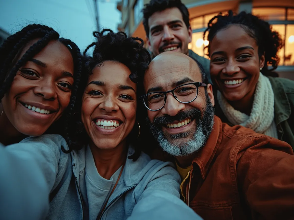 Computer-generated image: four friends laughing together in a group photo on a quest day out