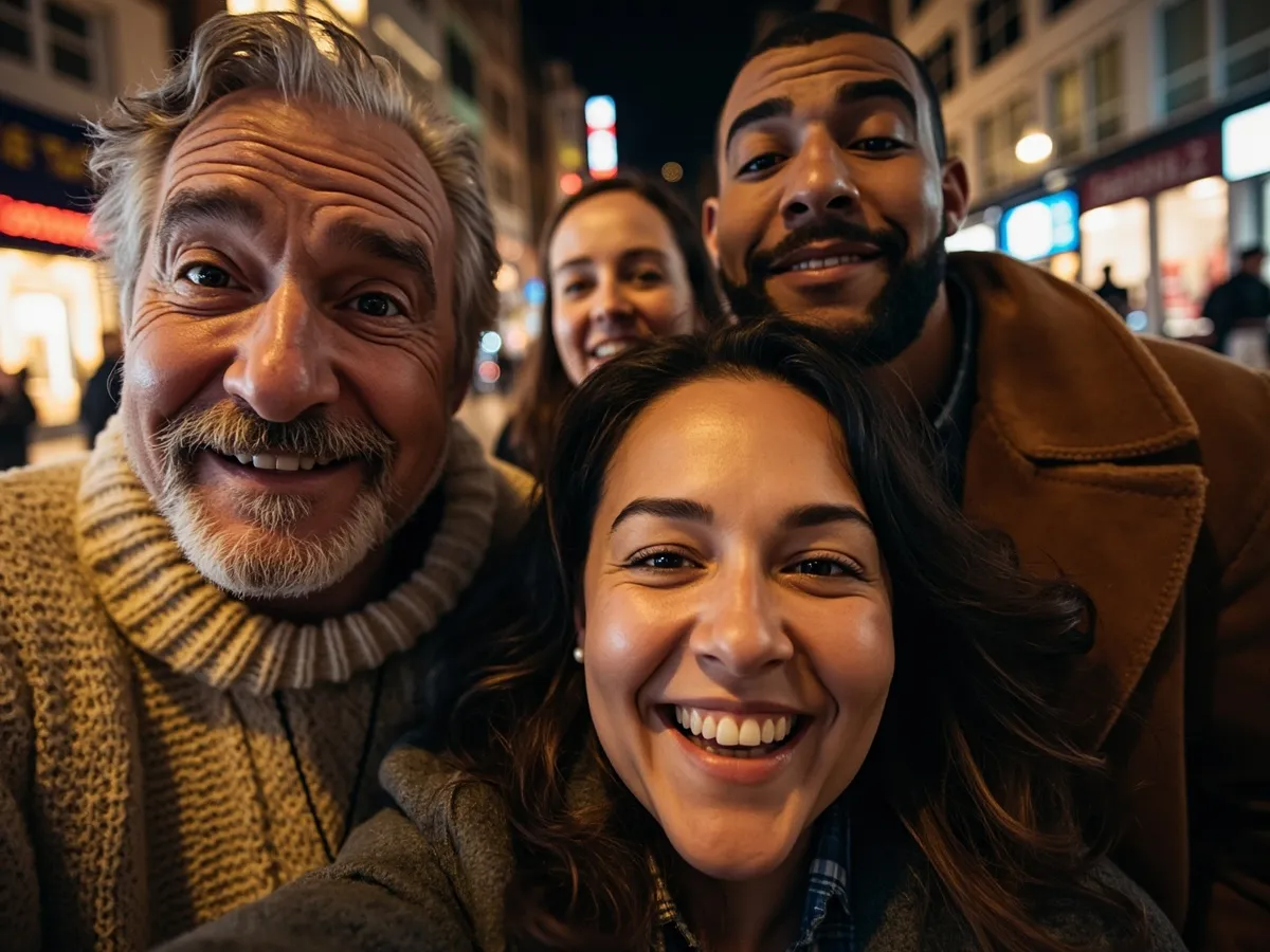 Computer-generated image: four friends laughing together in a group photo on a quest day out