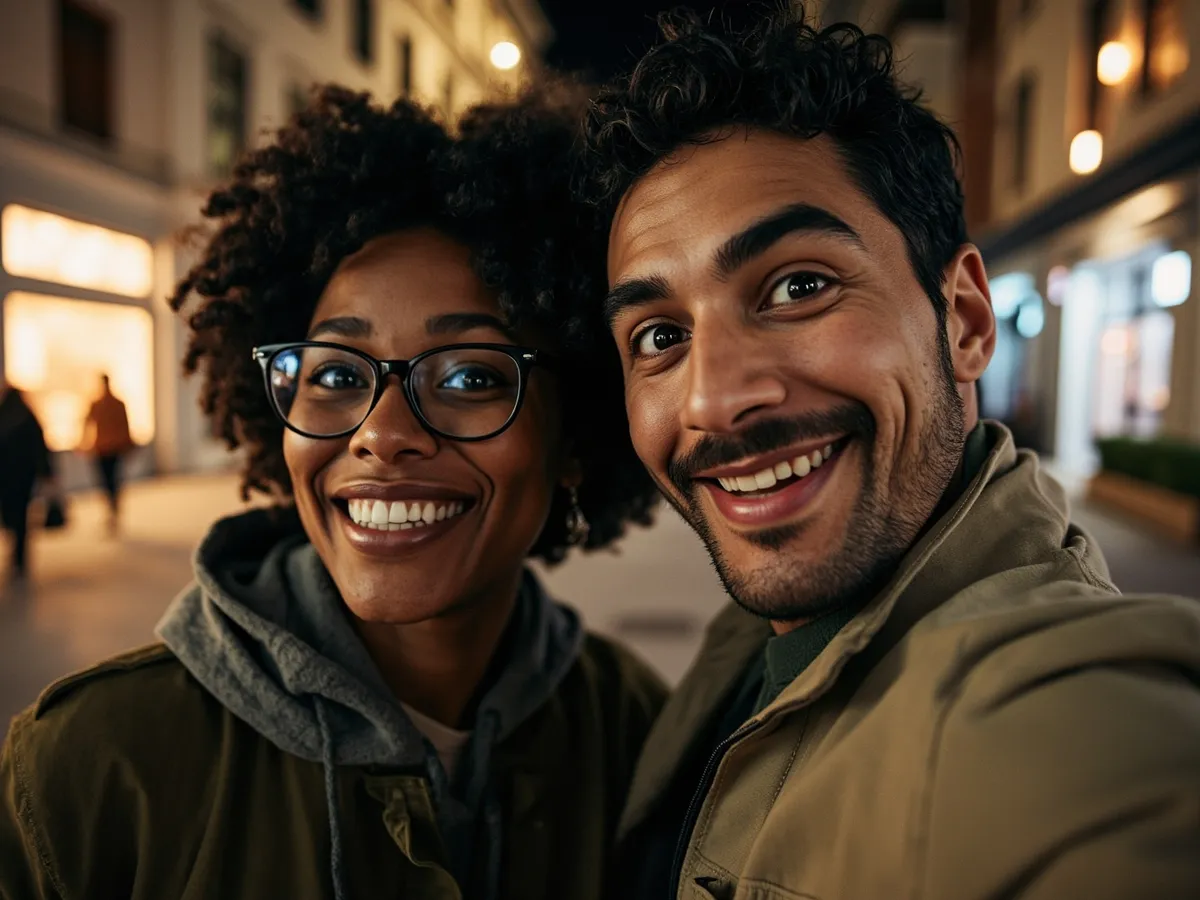 Computer-generated image: two friends laughing together in a group photo on a quest day out