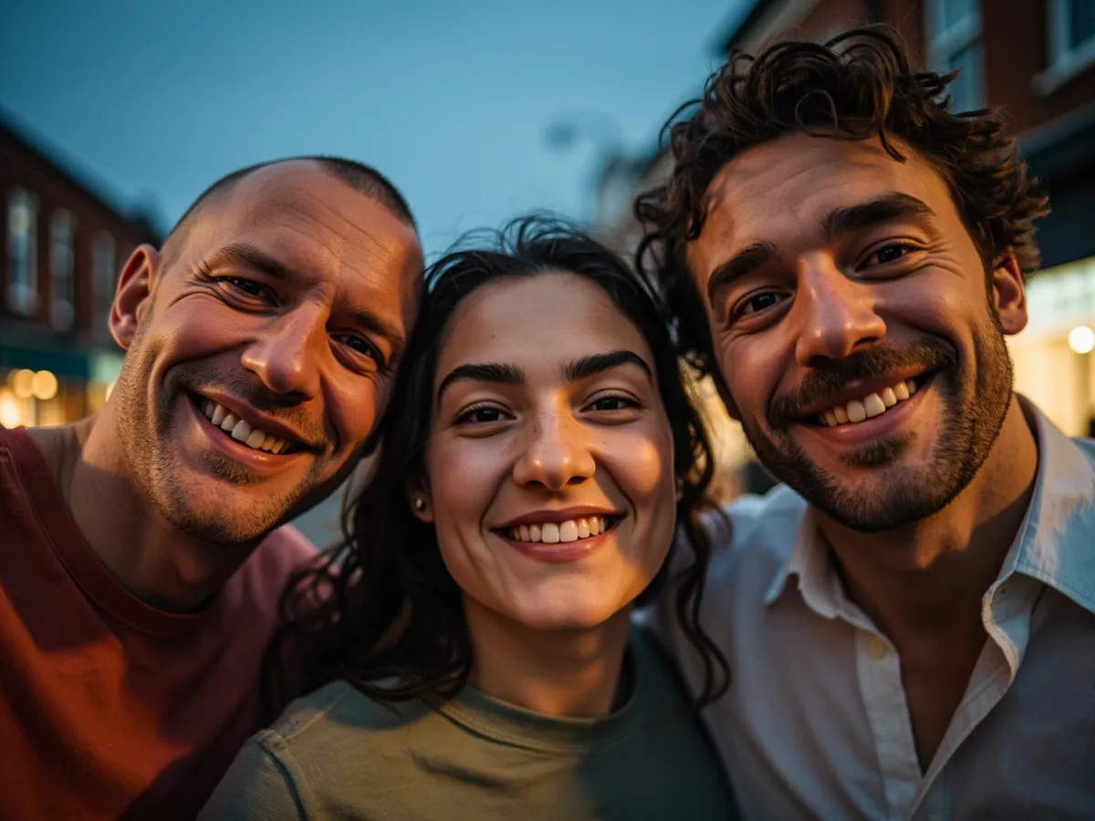 Computer-generated image: three friends laughing together in a group photo on a quest day out