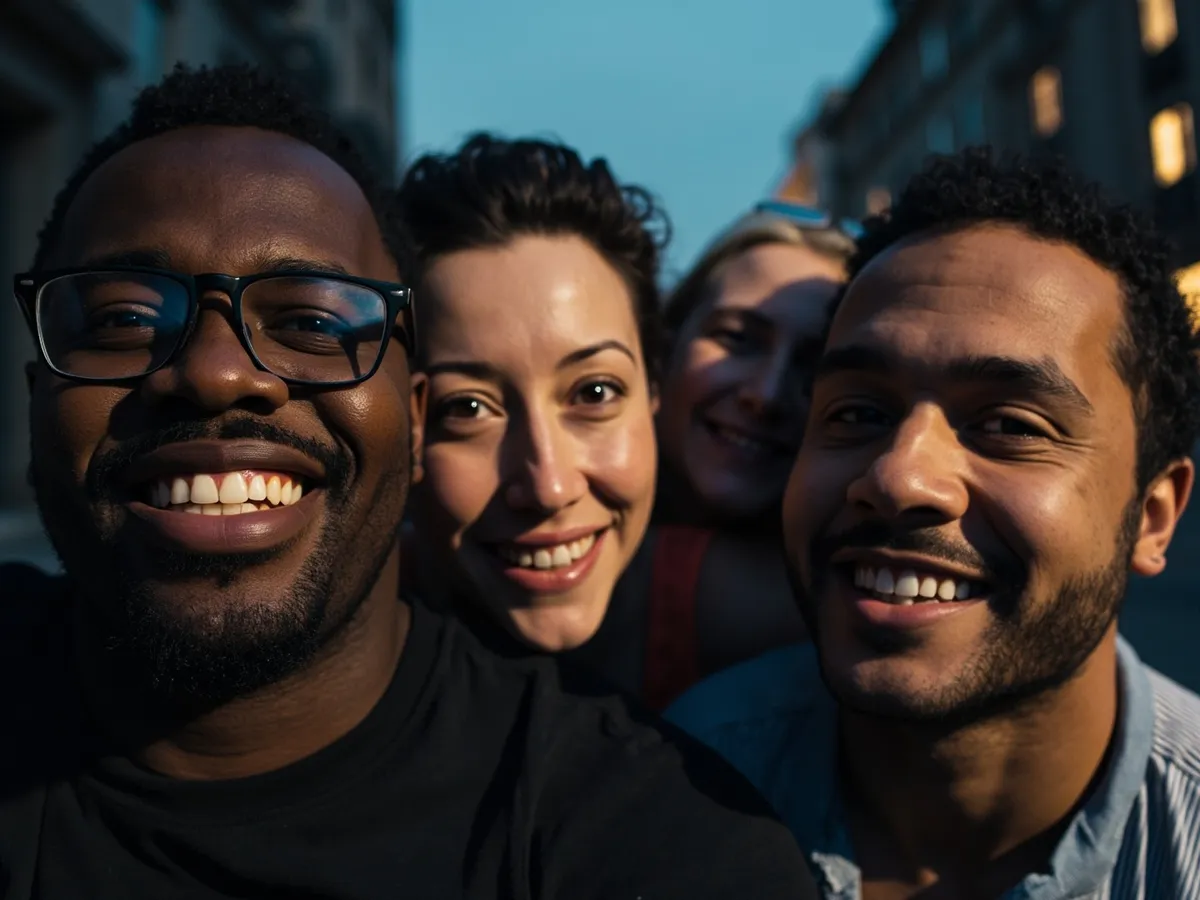 Computer-generated image: four friends laughing together in a group photo on a quest day out