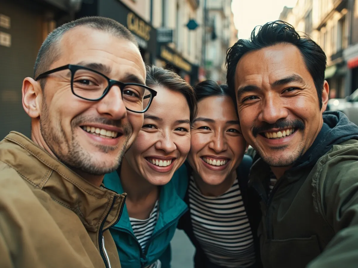 Computer-generated image: four friends laughing together in a group photo on a quest day out