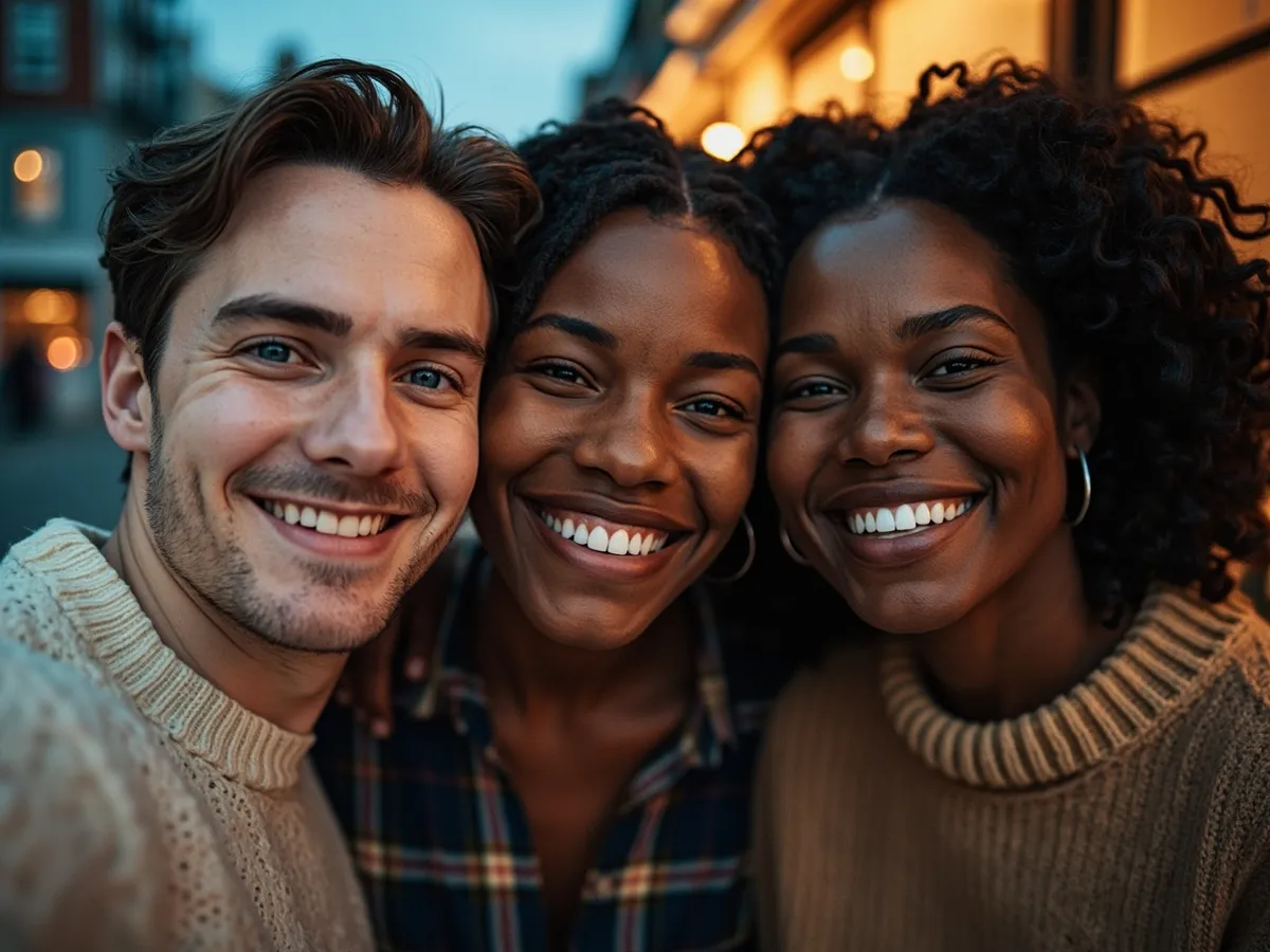 Computer-generated image: three friends laughing together in a group photo on a quest day out
