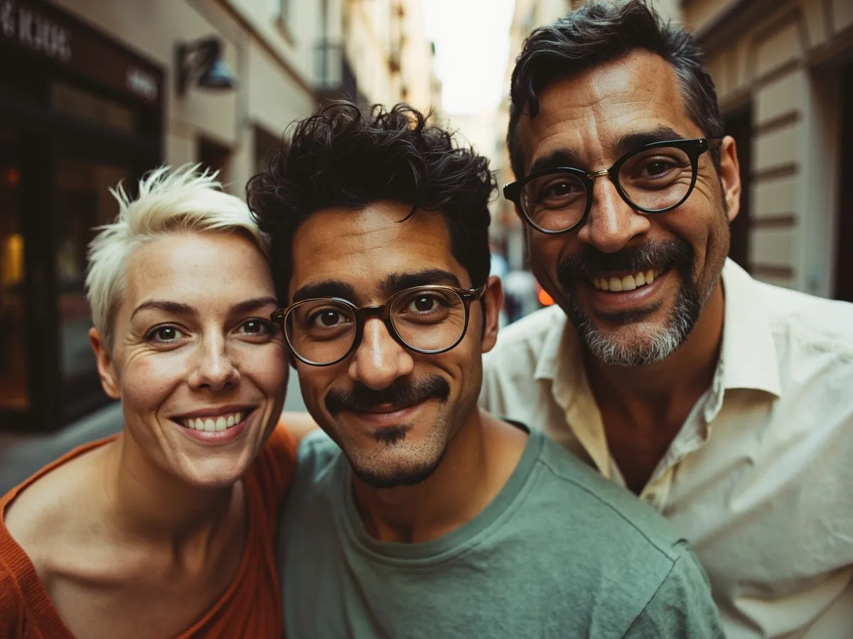 Computer-generated image: three friends laughing together in a group photo on a quest day out