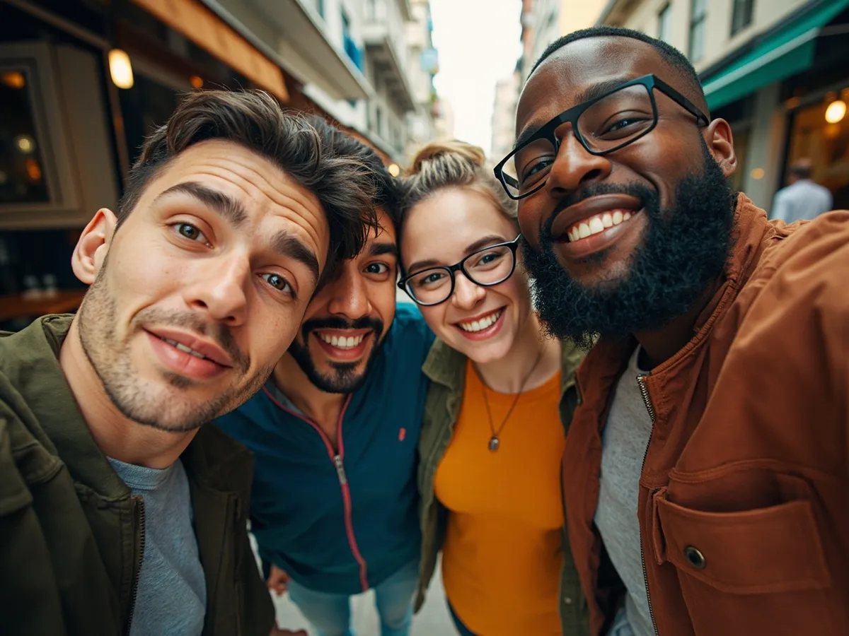 Computer-generated image: four friends laughing together in a group photo on a quest day out