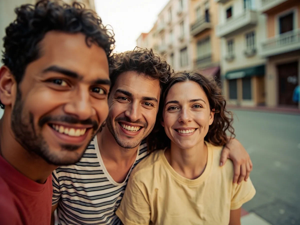 Computer-generated image: three friends laughing together in a group photo on a quest day out