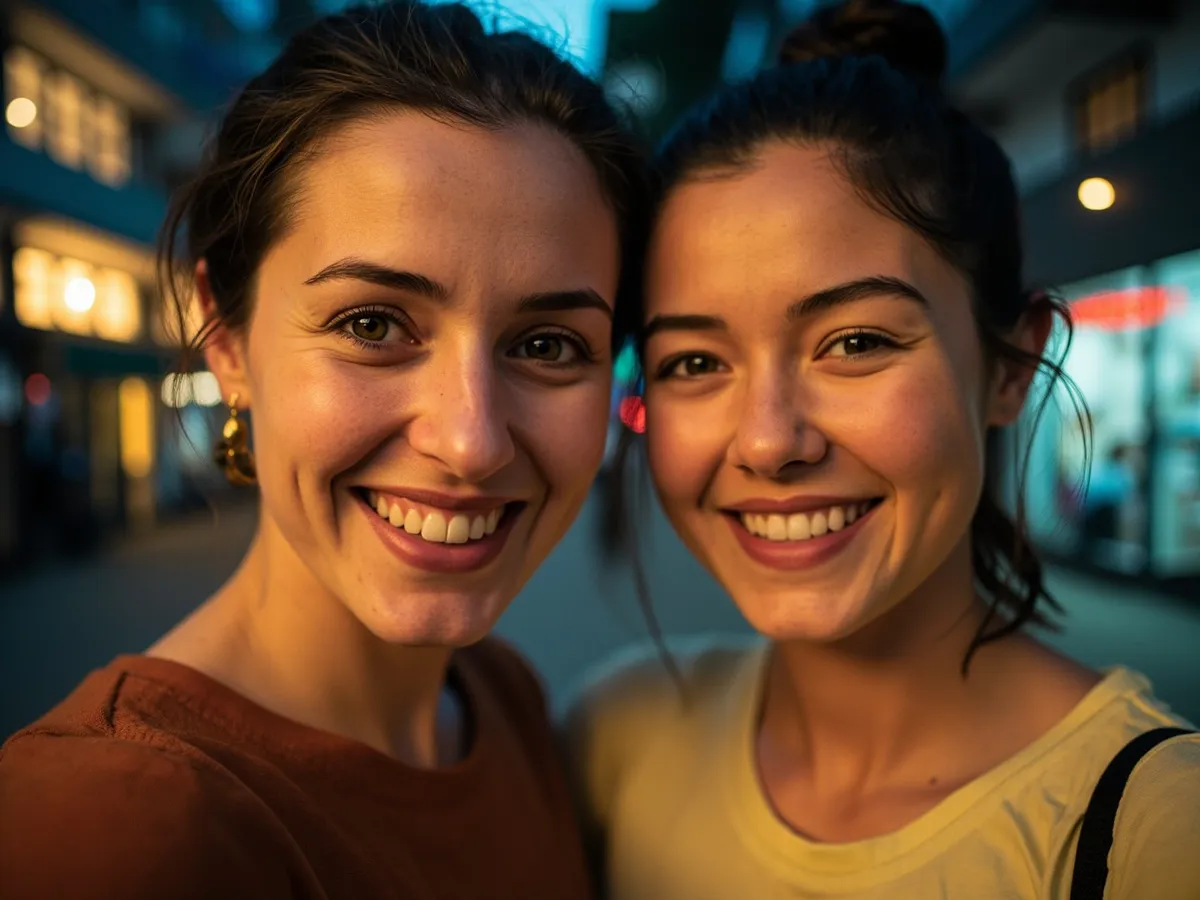 Computer-generated image: two friends laughing together in a group photo on a quest day out