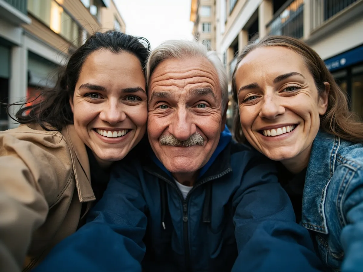 Computer-generated image: three friends laughing together in a group photo on a quest day out