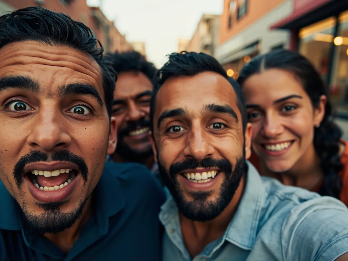 Computer-generated image: four friends laughing together in a group photo on a quest day out