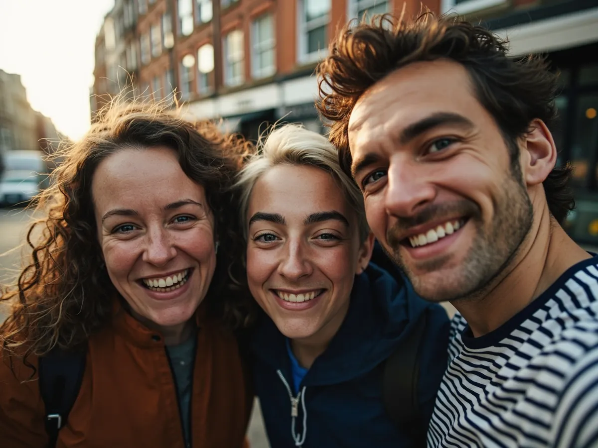 Computer-generated image: three friends laughing together in a group photo on a quest day out