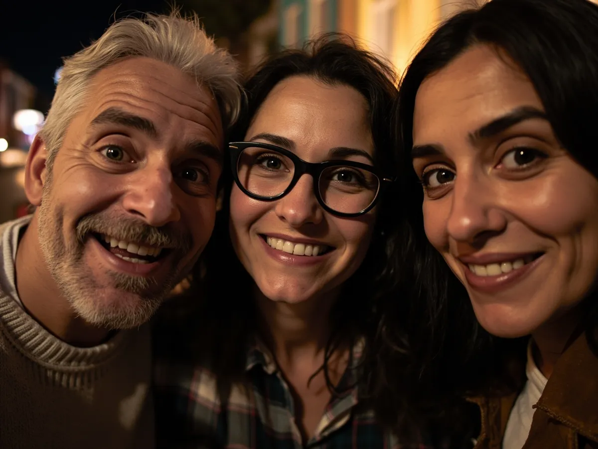 Computer-generated image: three friends laughing together in a group photo on a quest day out