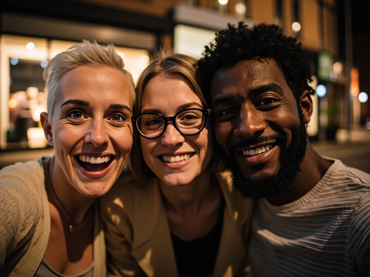 Computer-generated image: three friends laughing together in a group photo on a quest day out
