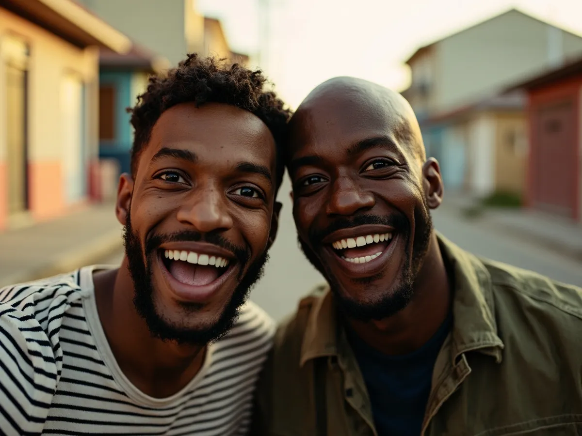 Computer-generated image: two friends laughing together in a group photo on a quest day out