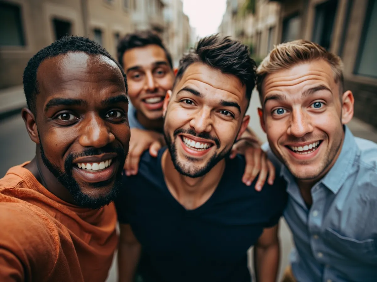Computer-generated image: four friends laughing together in a group photo on a quest day out