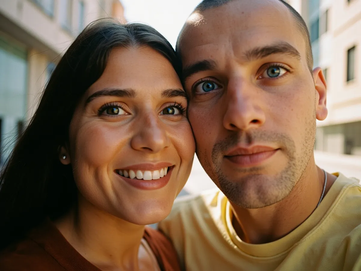 Computer-generated image: two friends laughing together in a group photo on a quest day out