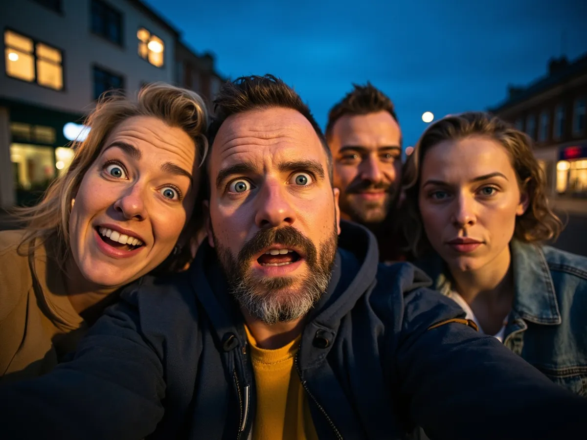 Computer-generated image: four friends laughing together in a group photo on a quest day out