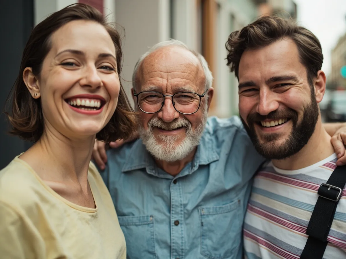 Computer-generated image: three friends laughing together in a group photo on a quest day out