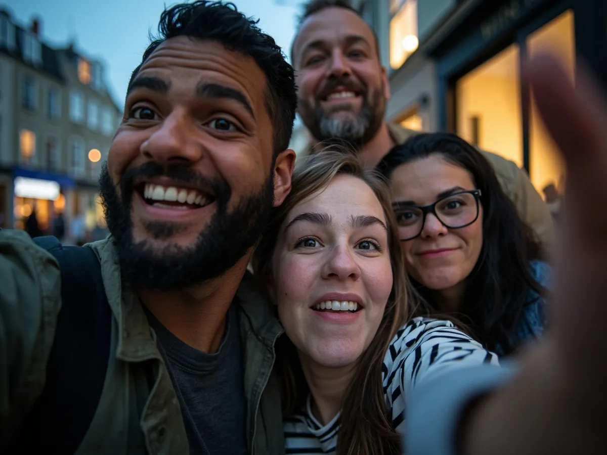 Computer-generated image: four friends laughing together in a group photo on a quest day out