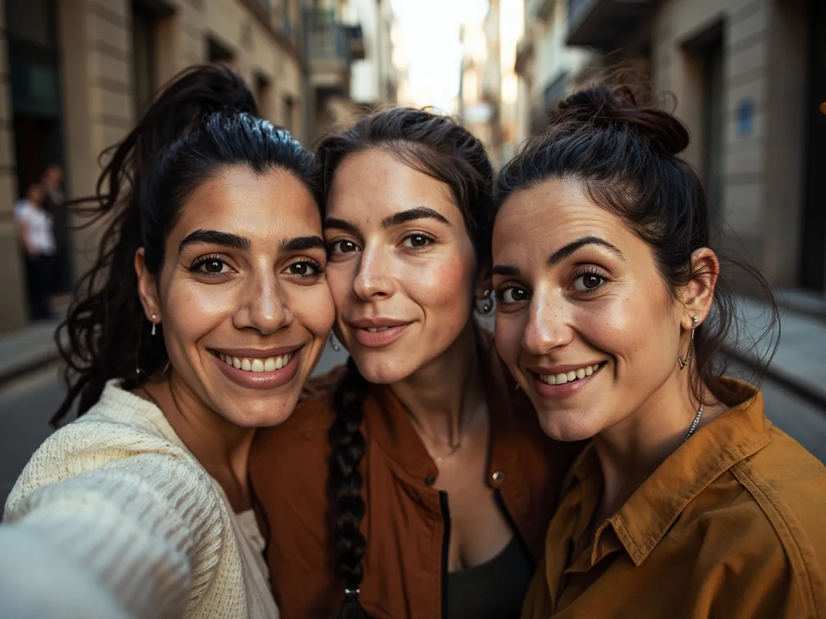 Computer-generated image: three friends laughing together in a group photo on a quest day out