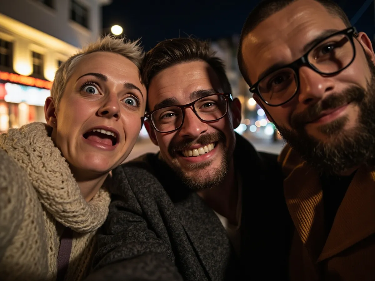Computer-generated image: three friends laughing together in a group photo on a quest day out