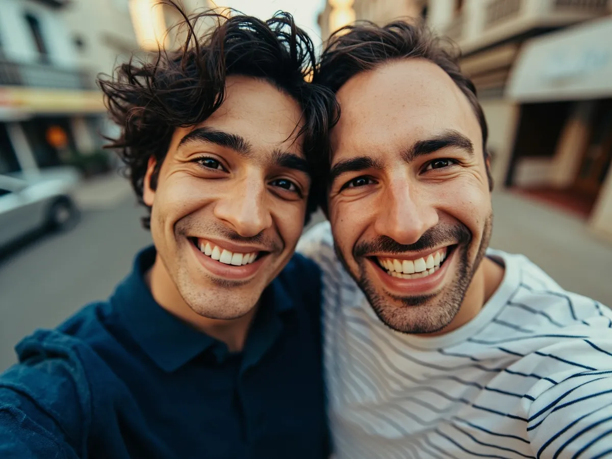 AI-generated illustration: two friends laughing together in a group photo on a quest day out
